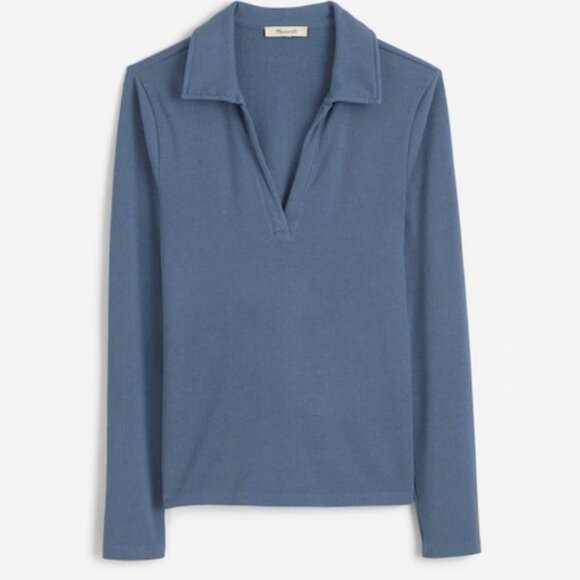 NWT Madewell Blue Drapey Rib Long-Sleeve Polo Top - Size: Extra Small - Picture 1 of 6